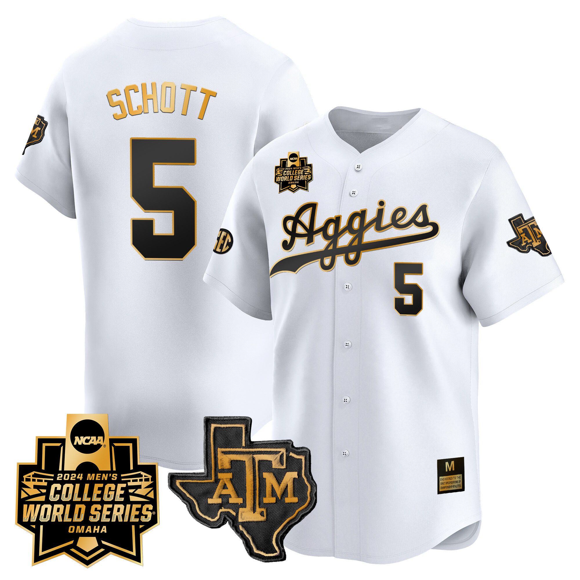 Men Texas A&M Aggies #5 Schott White 2024 College World Series Vapor Premier Limited NCAA Jersey style 1